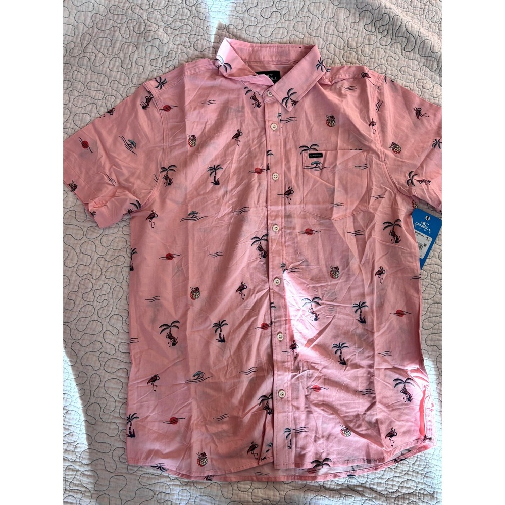O'Neill Oasis Eco Modern Fit Pink Tropical Flamingo Palm Tree Shirt Mens Medium
